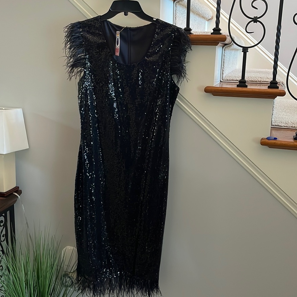 Looke black sequins dress with feather trim